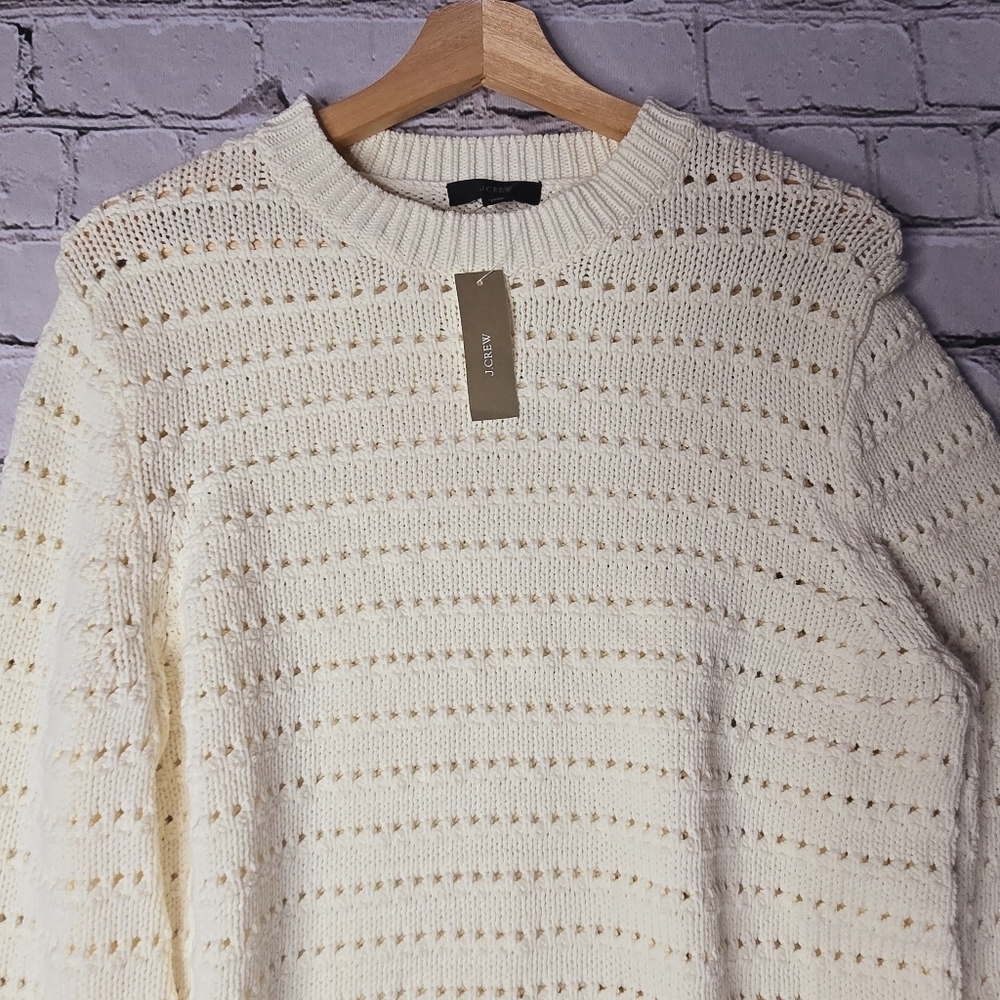 J Crew Balloon Sleeve Pointelle Sweater Cream Off-White Cotton Blend NWT Size L - Picture 2 of 11